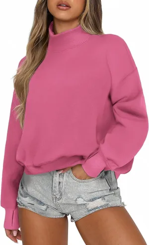 PINSPARK Sweatshirt for Women 2024 Fall Outfits Long Sleeve Fleece Top Turtleneck Sweater Shirts with Side Pockets Thumb Hole