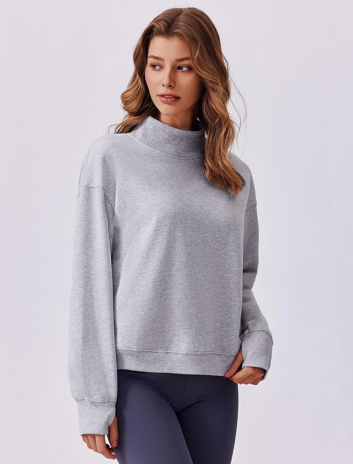PINSPARK Sweatshirt for Women 2024 Fall Outfits Long Sleeve Fleece Top Turtleneck Sweater Shirts with Side Pockets Thumb Hole
