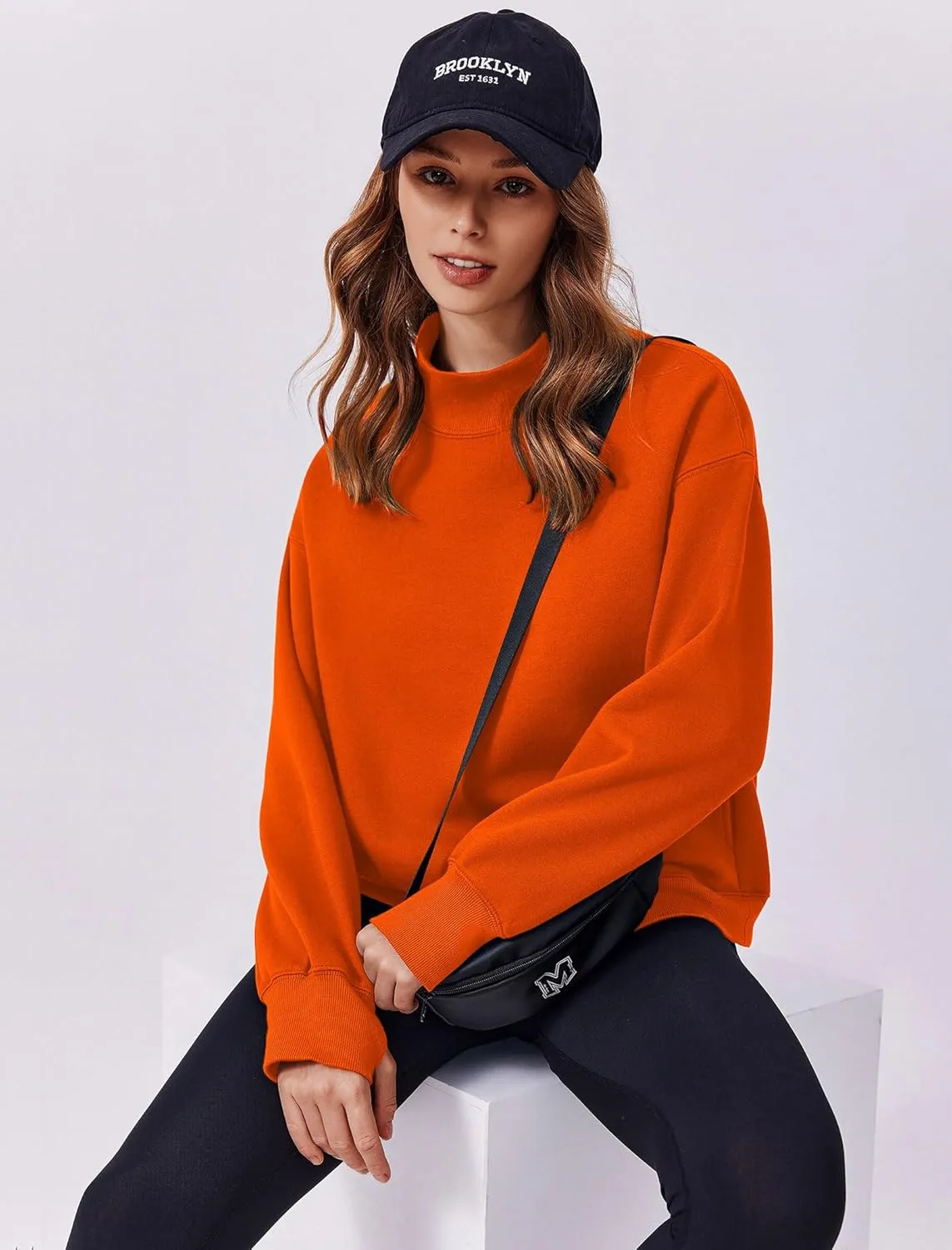 PINSPARK Sweatshirt for Women 2024 Fall Outfits Long Sleeve Fleece Top Turtleneck Sweater Shirts with Side Pockets Thumb Hole