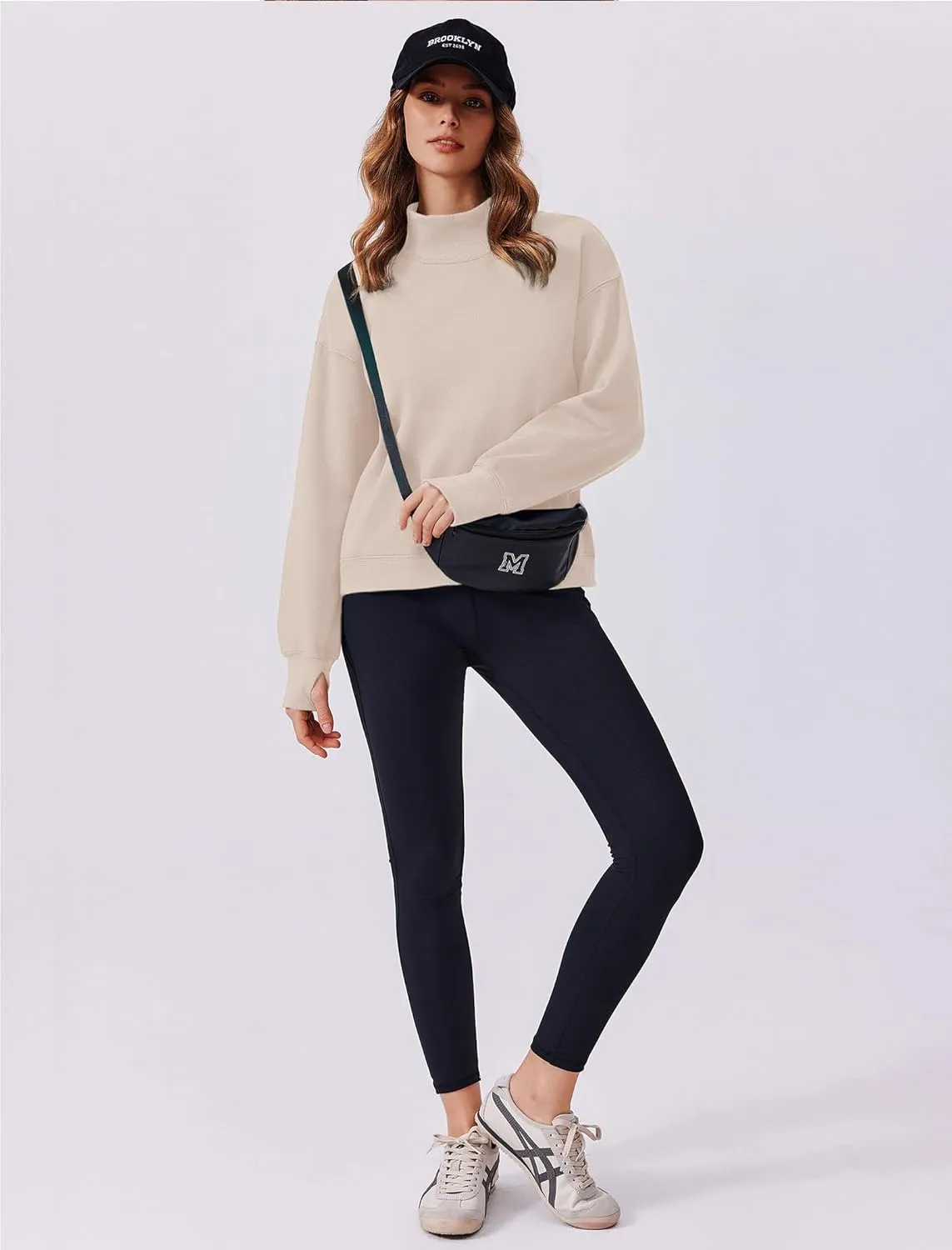 PINSPARK Sweatshirt for Women 2024 Fall Outfits Long Sleeve Fleece Top Turtleneck Sweater Shirts with Side Pockets Thumb Hole