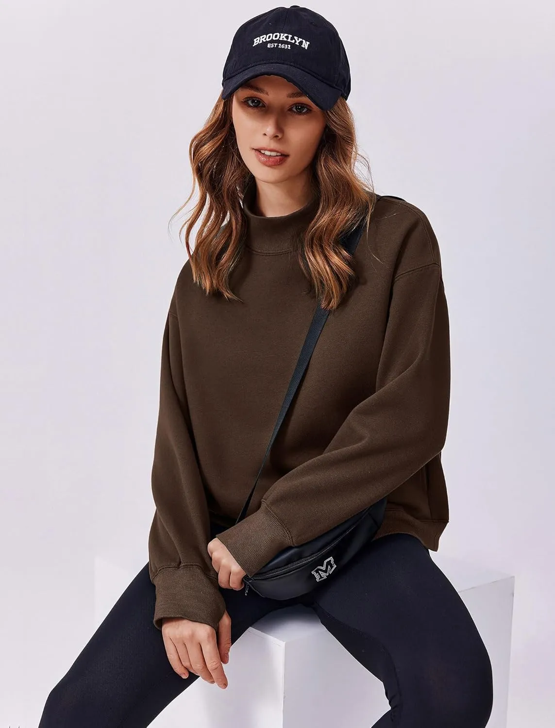 PINSPARK Sweatshirt for Women 2024 Fall Outfits Long Sleeve Fleece Top Turtleneck Sweater Shirts with Side Pockets Thumb Hole
