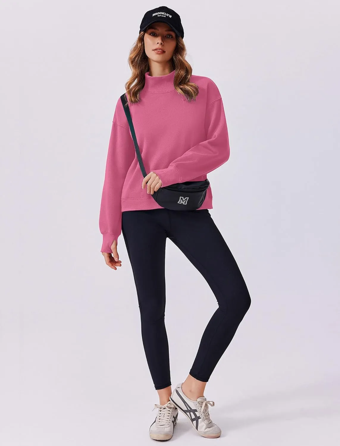 PINSPARK Sweatshirt for Women 2024 Fall Outfits Long Sleeve Fleece Top Turtleneck Sweater Shirts with Side Pockets Thumb Hole