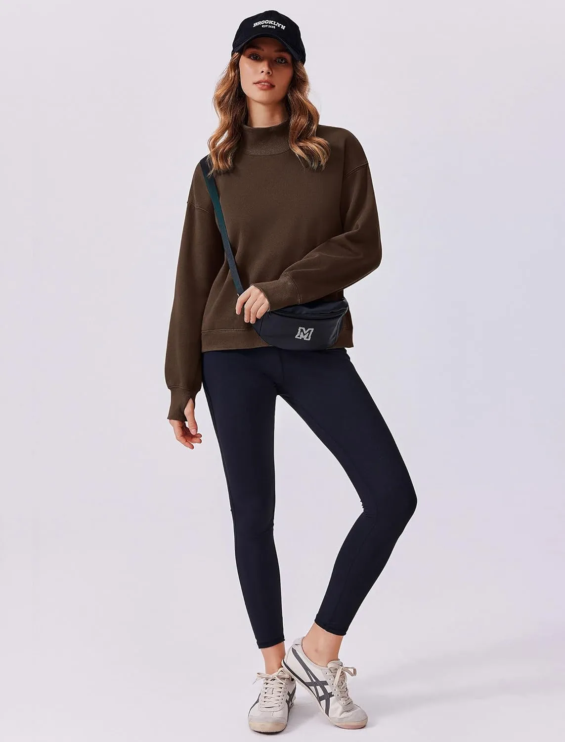 PINSPARK Sweatshirt for Women 2024 Fall Outfits Long Sleeve Fleece Top Turtleneck Sweater Shirts with Side Pockets Thumb Hole