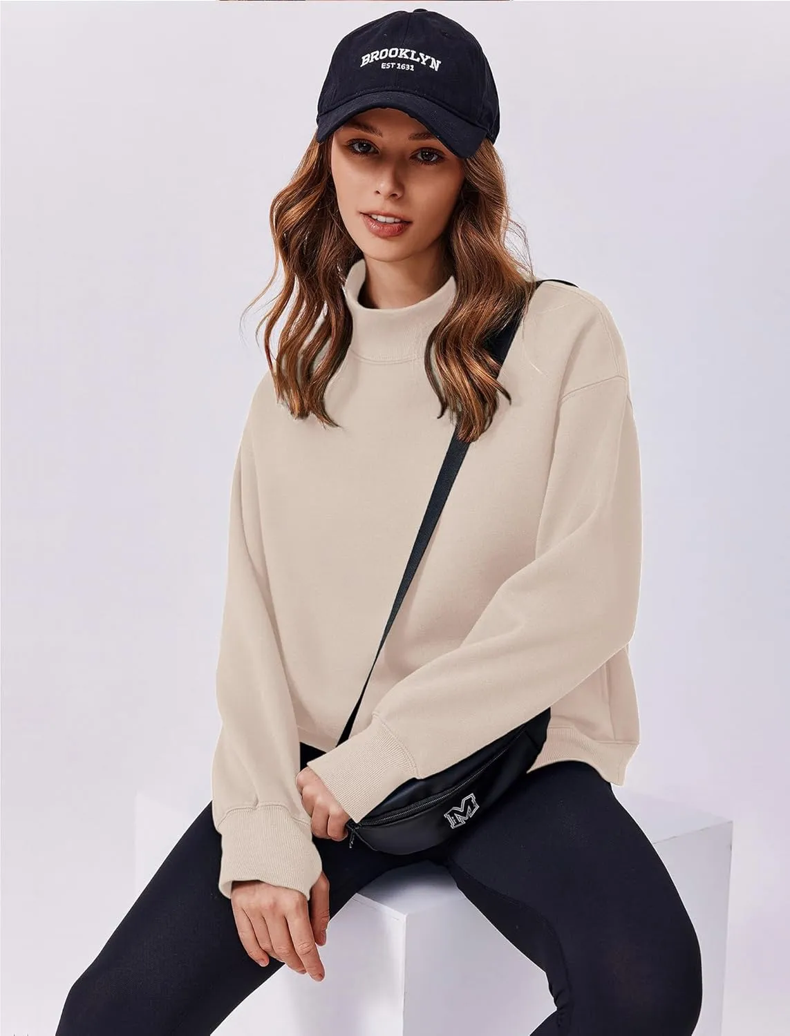PINSPARK Sweatshirt for Women 2024 Fall Outfits Long Sleeve Fleece Top Turtleneck Sweater Shirts with Side Pockets Thumb Hole