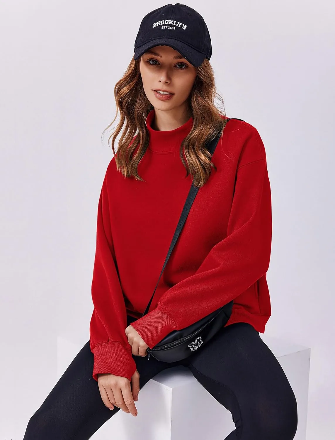 PINSPARK Sweatshirt for Women 2024 Fall Outfits Long Sleeve Fleece Top Turtleneck Sweater Shirts with Side Pockets Thumb Hole