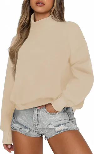 PINSPARK Sweatshirt for Women 2024 Fall Outfits Long Sleeve Fleece Top Turtleneck Sweater Shirts with Side Pockets Thumb Hole