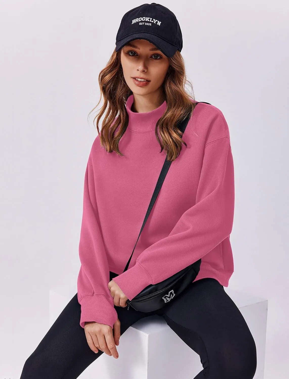 PINSPARK Sweatshirt for Women 2024 Fall Outfits Long Sleeve Fleece Top Turtleneck Sweater Shirts with Side Pockets Thumb Hole