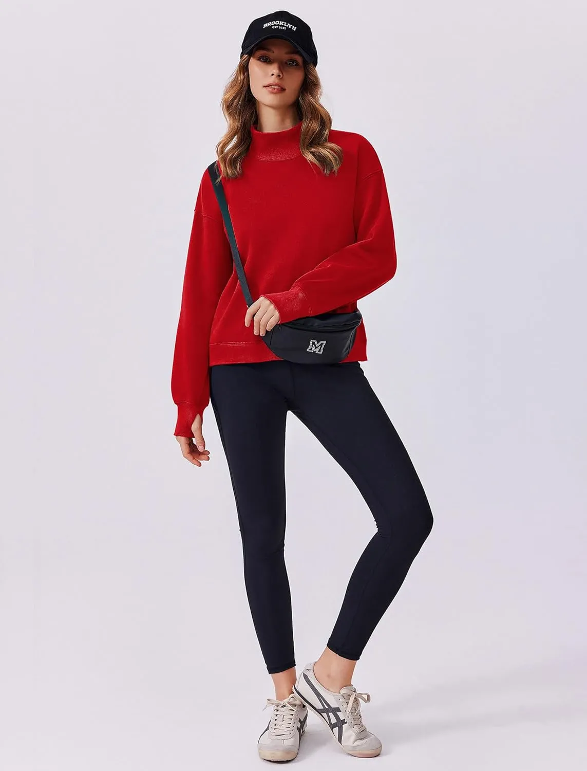 PINSPARK Sweatshirt for Women 2024 Fall Outfits Long Sleeve Fleece Top Turtleneck Sweater Shirts with Side Pockets Thumb Hole