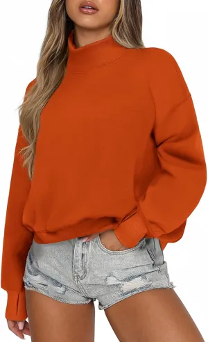 PINSPARK Sweatshirt for Women 2024 Fall Outfits Long Sleeve Fleece Top Turtleneck Sweater Shirts with Side Pockets Thumb Hole