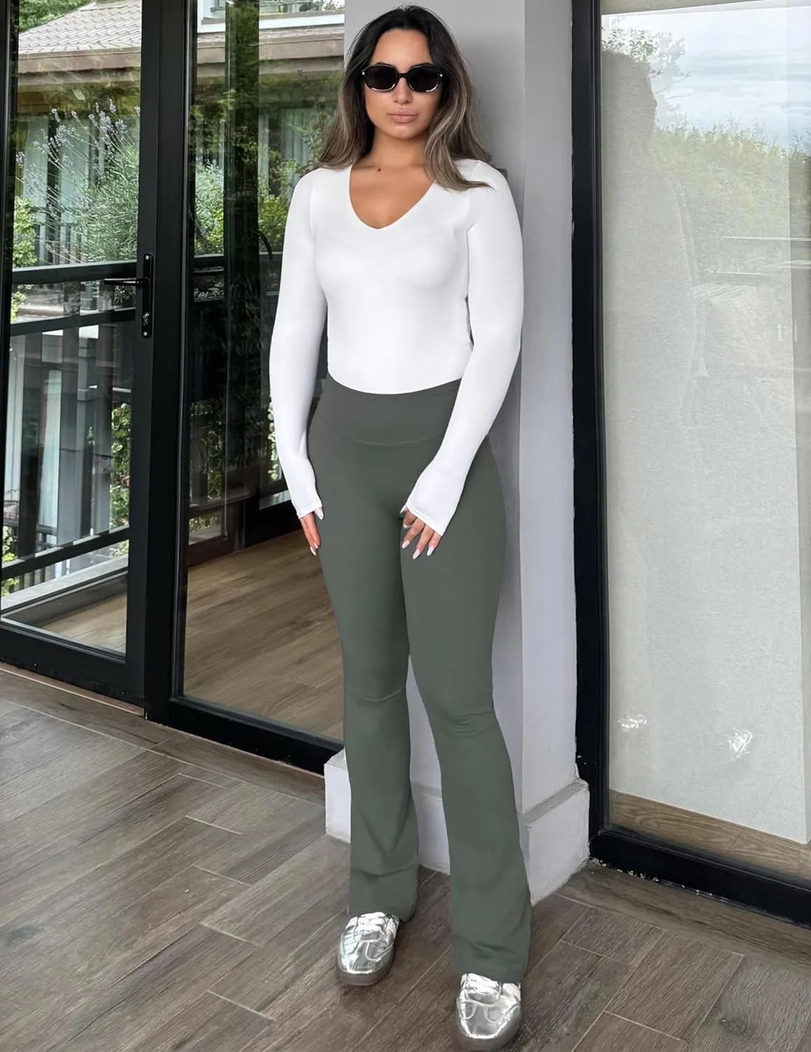 PINSPARK Womens Mini Flare Yoga Pants High Waisted Bootcut Leggings Athletic Bootleg Pants with Back Pockets