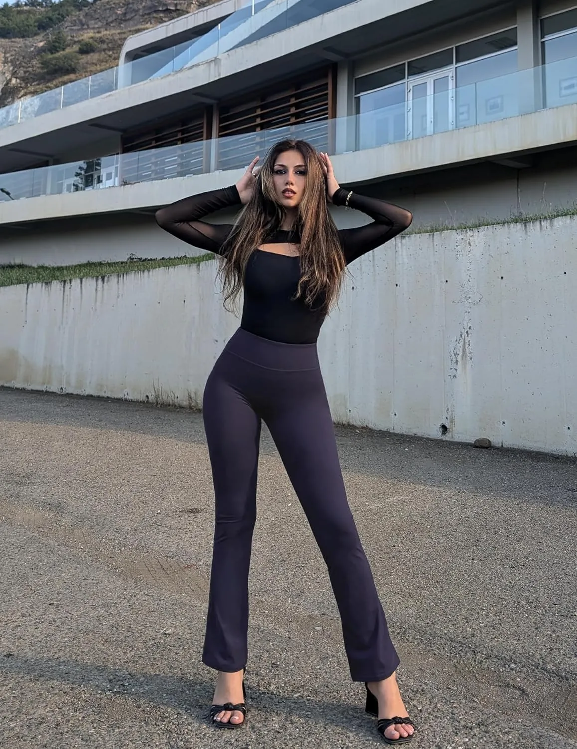 PINSPARK Womens Mini Flare Yoga Pants High Waisted Bootcut Leggings Athletic Bootleg Pants with Back Pockets