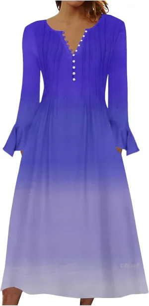 Plus Size Dress for Women 2024 Fashion Long Sleeve Gradient Color Causal Dresses Plus Size Buttons V Neck Fall Dress