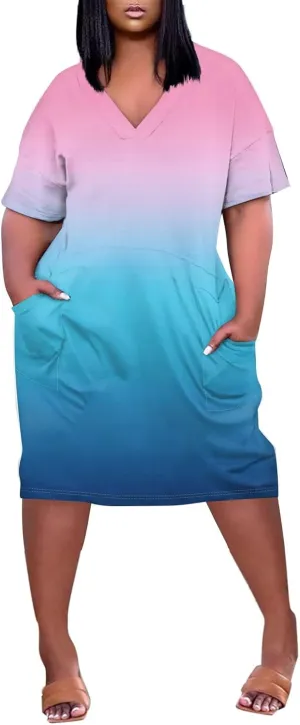 Plus Size Dresses for Curvy Women 2025 Oversized V Neck Short Sleeve Midi Dress Casual Summer T Shirt Dress w/Pockets