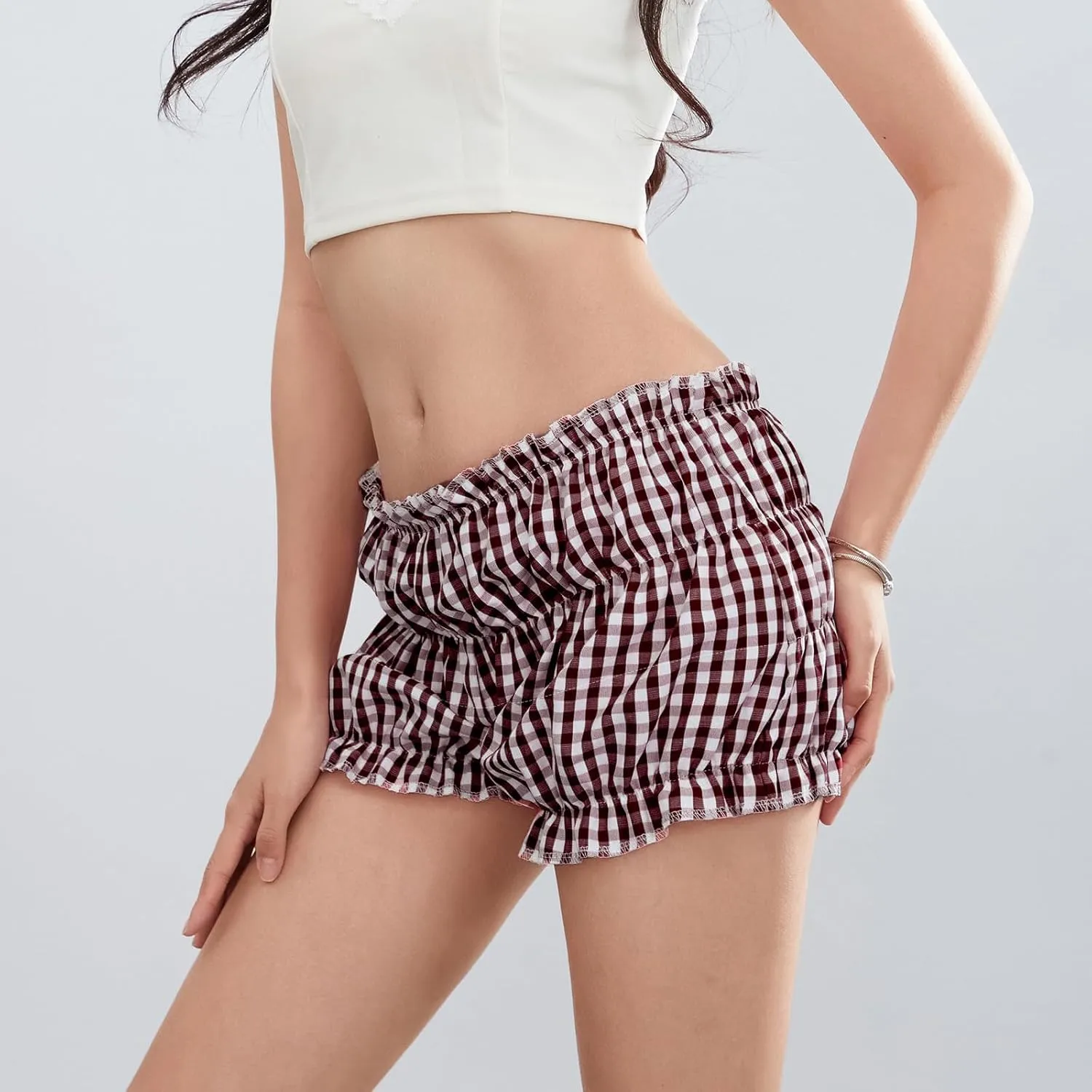POHADON Women's Plaid Layered Ruffle Shorts Cute Lolita Shorts Mini Casual Pajama Shorts Y2k Gingham Boxer Lounge Shorts
