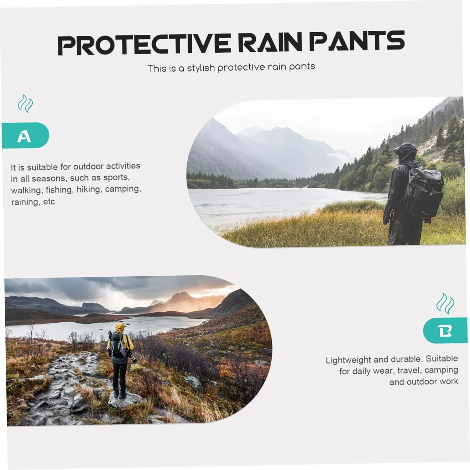 POPETPOP Waterproof Pants for Women Breathable Rain Pants Double-Layered Wear-Resistant Rainproof Shell Black