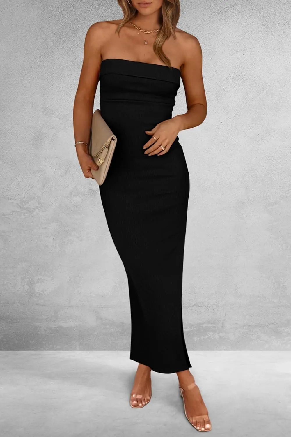 PRETTYGARDEN Women's Summer Bodycon Maxi Tube Dress Ribbed Strapless Side Slit Long Going Out Casual Elegant Party Dresses