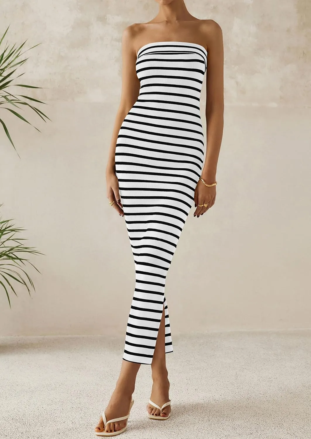 PRETTYGARDEN Women's Summer Bodycon Maxi Tube Dress Ribbed Strapless Side Slit Long Going Out Casual Elegant Party Dresses