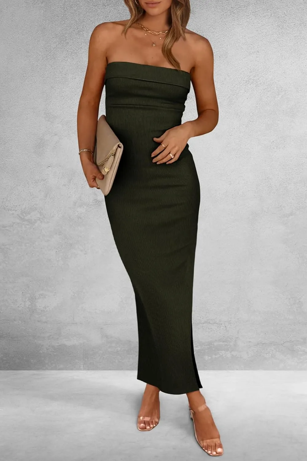 PRETTYGARDEN Women's Summer Bodycon Maxi Tube Dress Ribbed Strapless Side Slit Long Going Out Casual Elegant Party Dresses