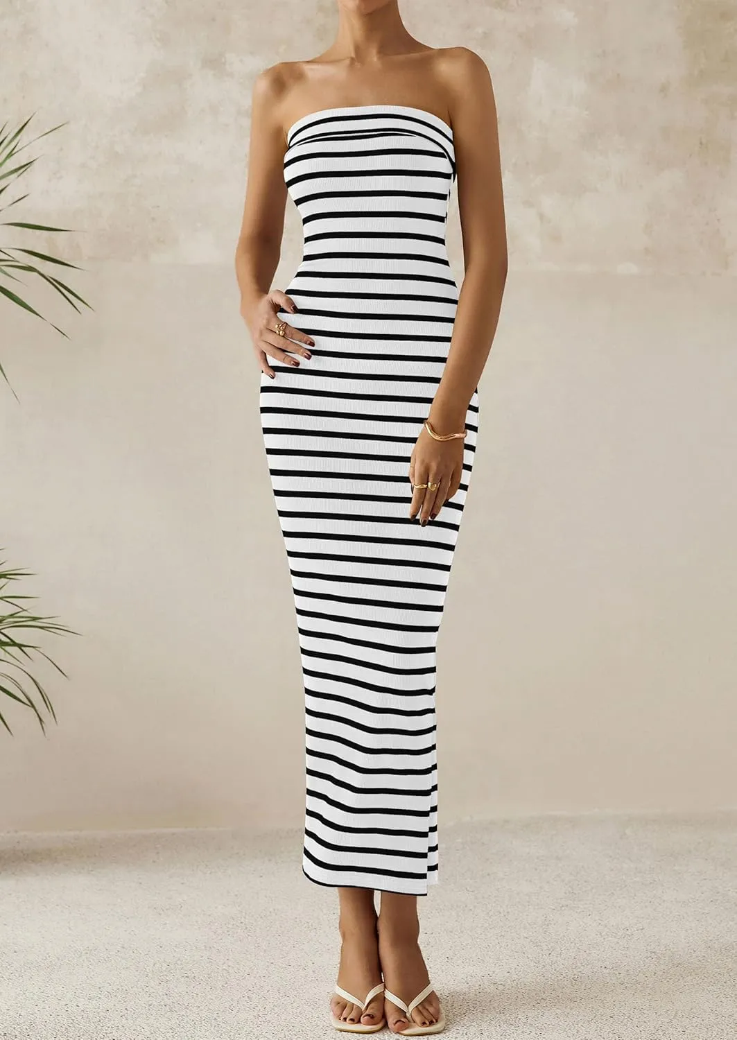 PRETTYGARDEN Women's Summer Bodycon Maxi Tube Dress Ribbed Strapless Side Slit Long Going Out Casual Elegant Party Dresses