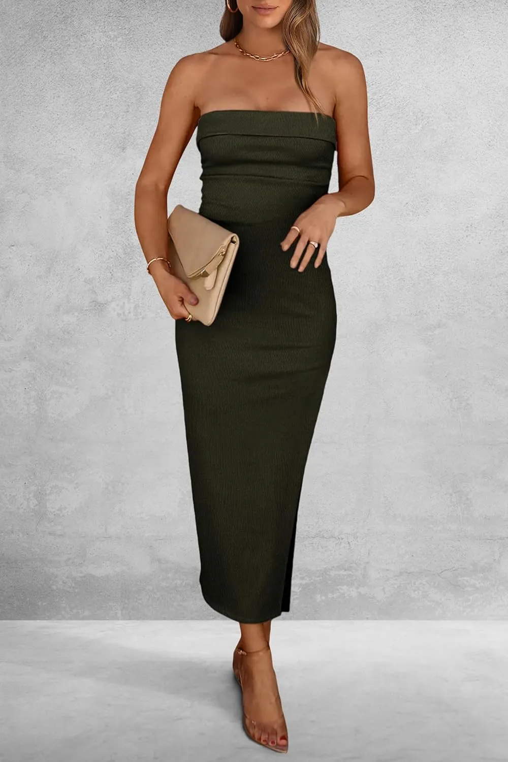 PRETTYGARDEN Women's Summer Bodycon Maxi Tube Dress Ribbed Strapless Side Slit Long Going Out Casual Elegant Party Dresses