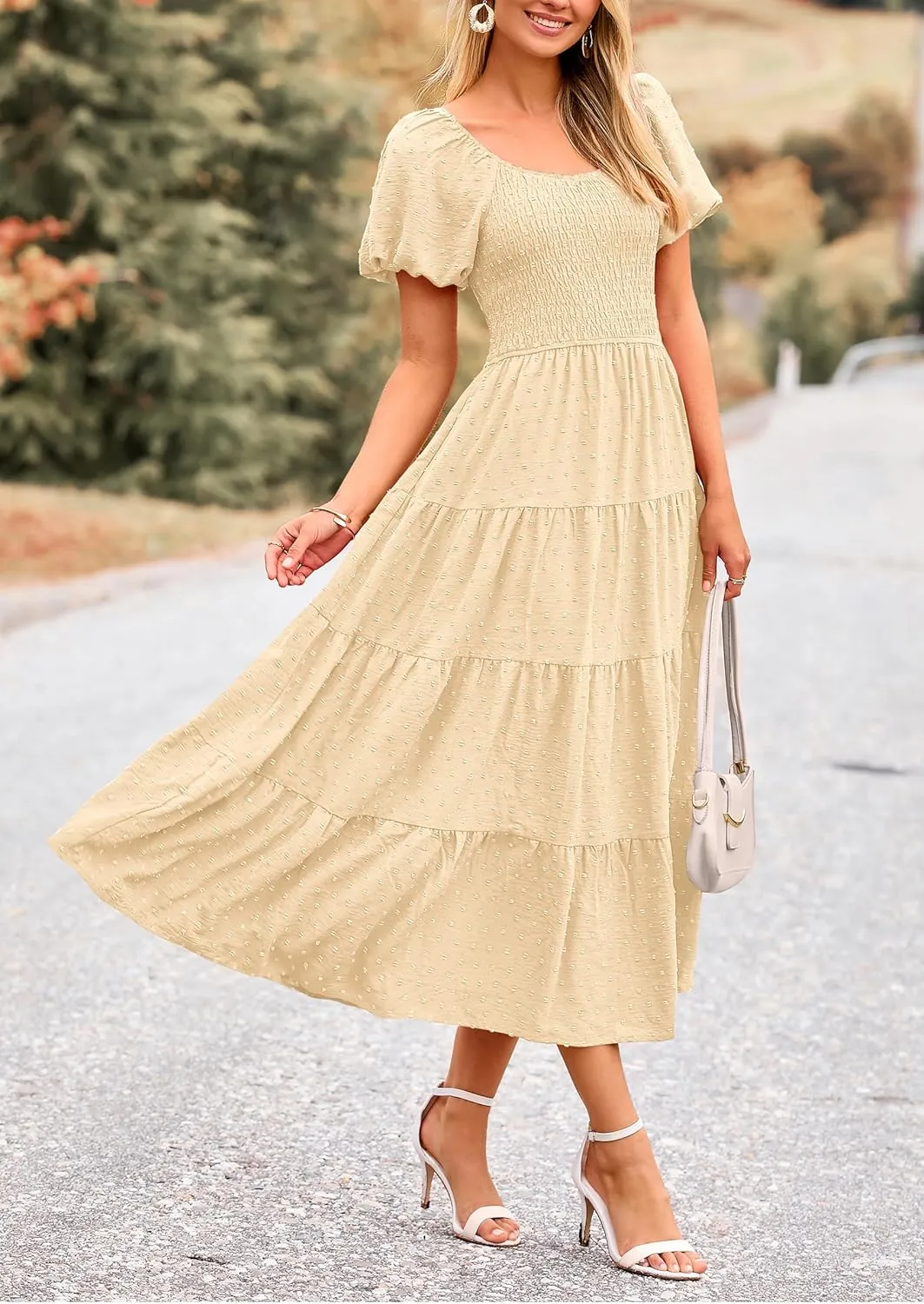 PRETTYGARDEN Women's Summer Casual Midi Dress Puff Sleeve Swiss Dot Long Flowy A Line Dresses