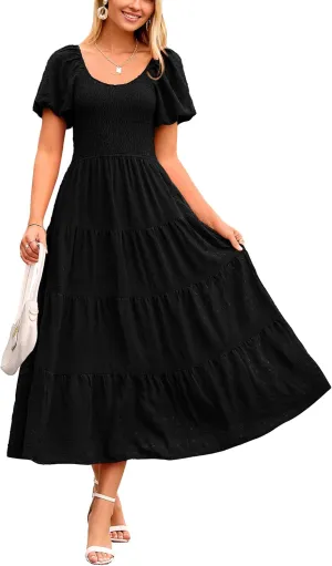 PRETTYGARDEN Women's Summer Casual Midi Dress Puff Sleeve Swiss Dot Long Flowy A Line Dresses