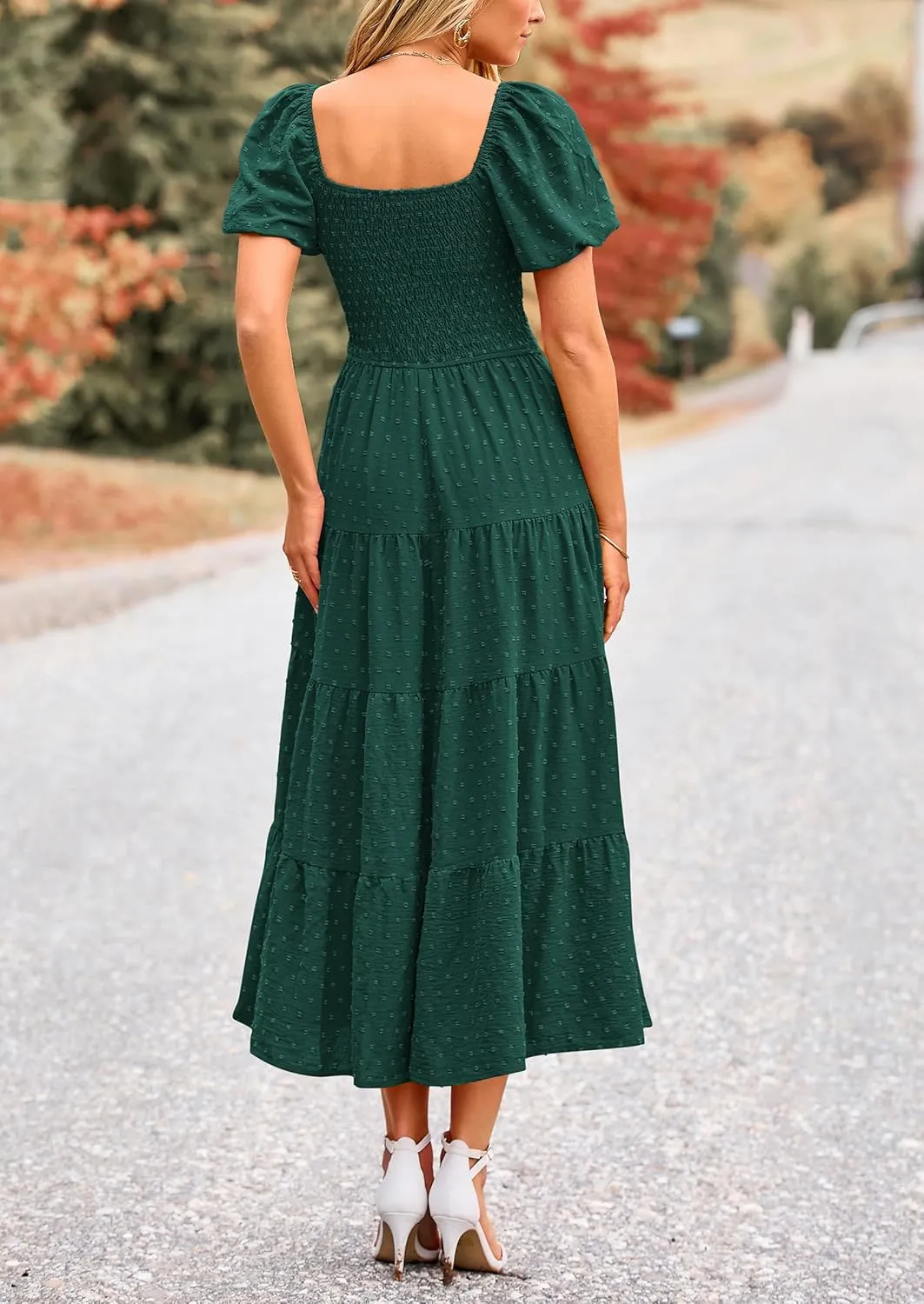 PRETTYGARDEN Women's Summer Casual Midi Dress Puff Sleeve Swiss Dot Long Flowy A Line Dresses