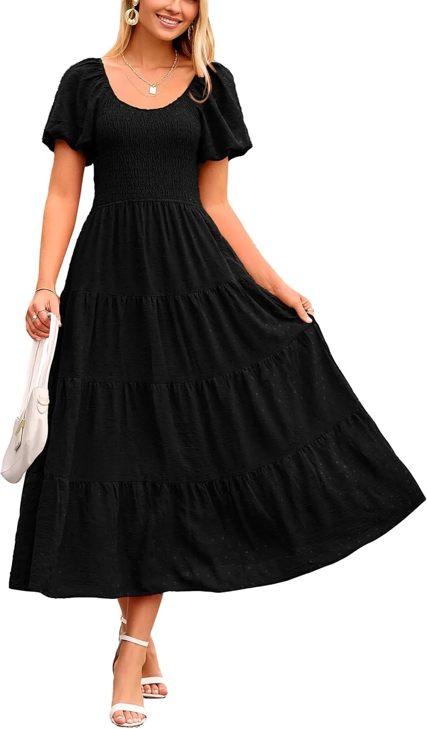 PRETTYGARDEN Women's Summer Casual Midi Dress Puff Sleeve Swiss Dot Long Flowy A Line Dresses