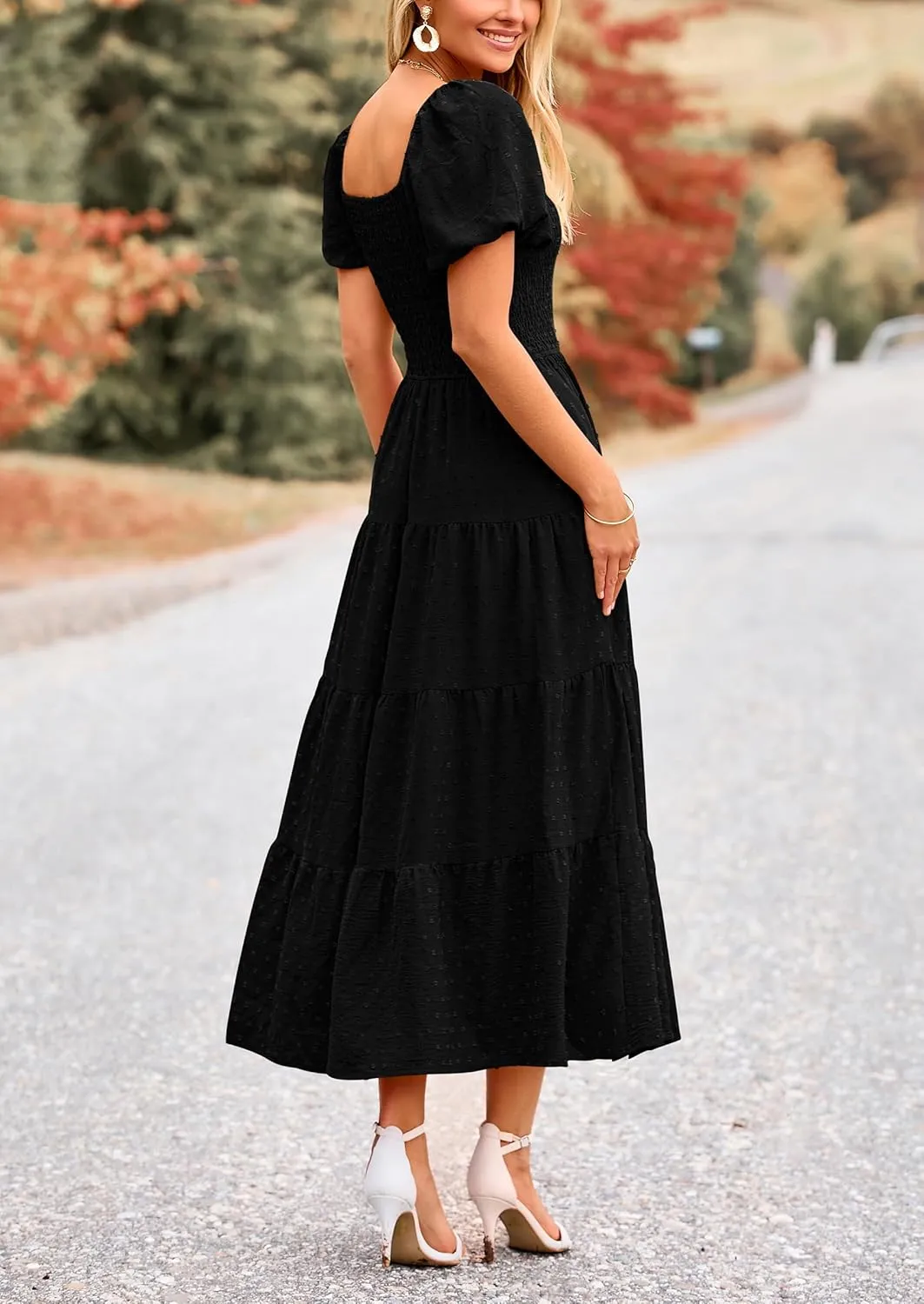 PRETTYGARDEN Women's Summer Casual Midi Dress Puff Sleeve Swiss Dot Long Flowy A Line Dresses
