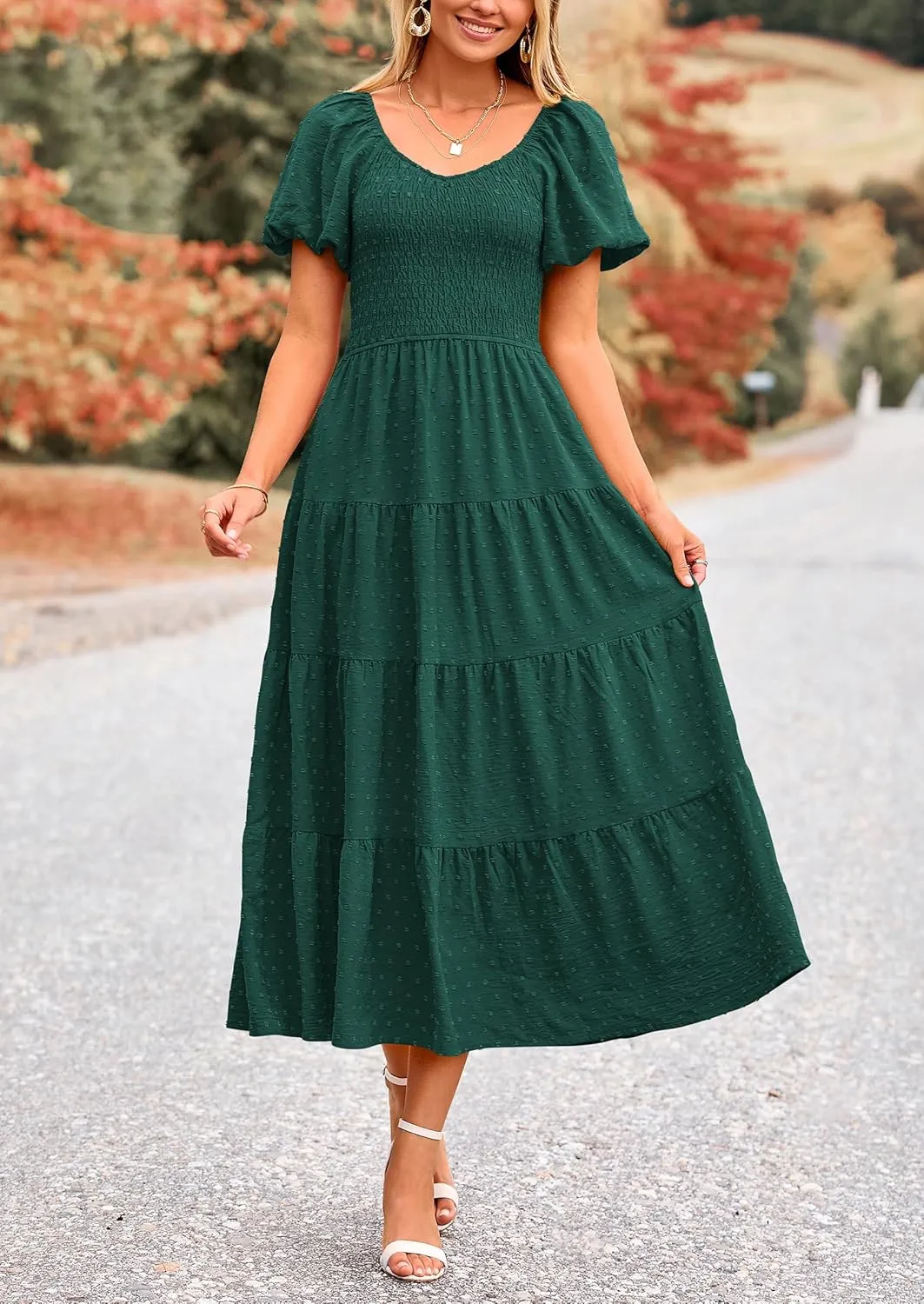 PRETTYGARDEN Women's Summer Casual Midi Dress Puff Sleeve Swiss Dot Long Flowy A Line Dresses