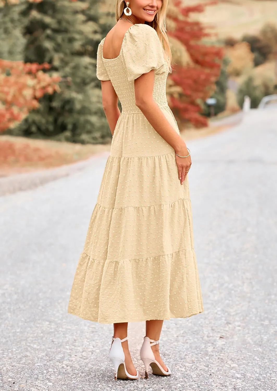 PRETTYGARDEN Women's Summer Casual Midi Dress Puff Sleeve Swiss Dot Long Flowy A Line Dresses