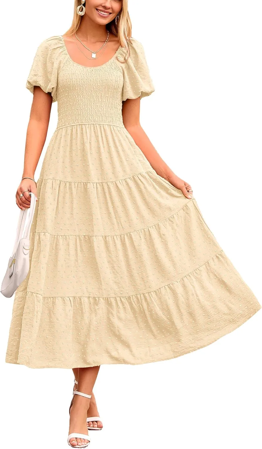 PRETTYGARDEN Women's Summer Casual Midi Dress Puff Sleeve Swiss Dot Long Flowy A Line Dresses