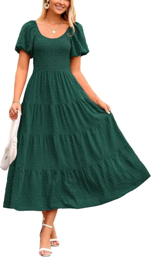 PRETTYGARDEN Women's Summer Casual Midi Dress Puff Sleeve Swiss Dot Long Flowy A Line Dresses