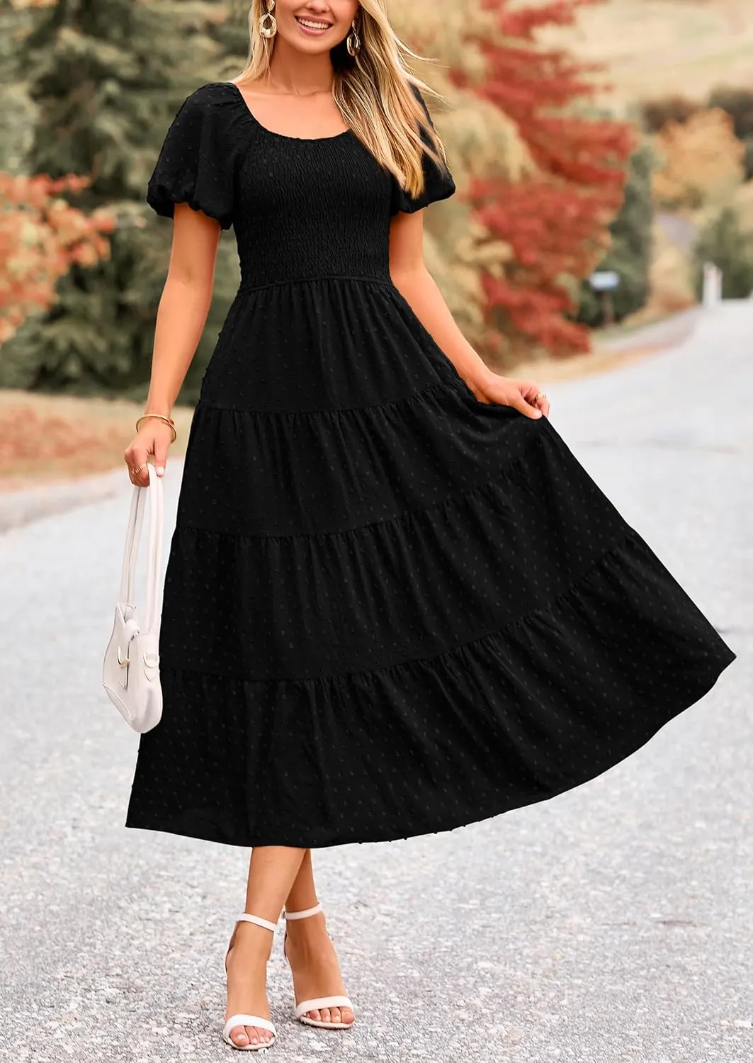 PRETTYGARDEN Women's Summer Casual Midi Dress Puff Sleeve Swiss Dot Long Flowy A Line Dresses
