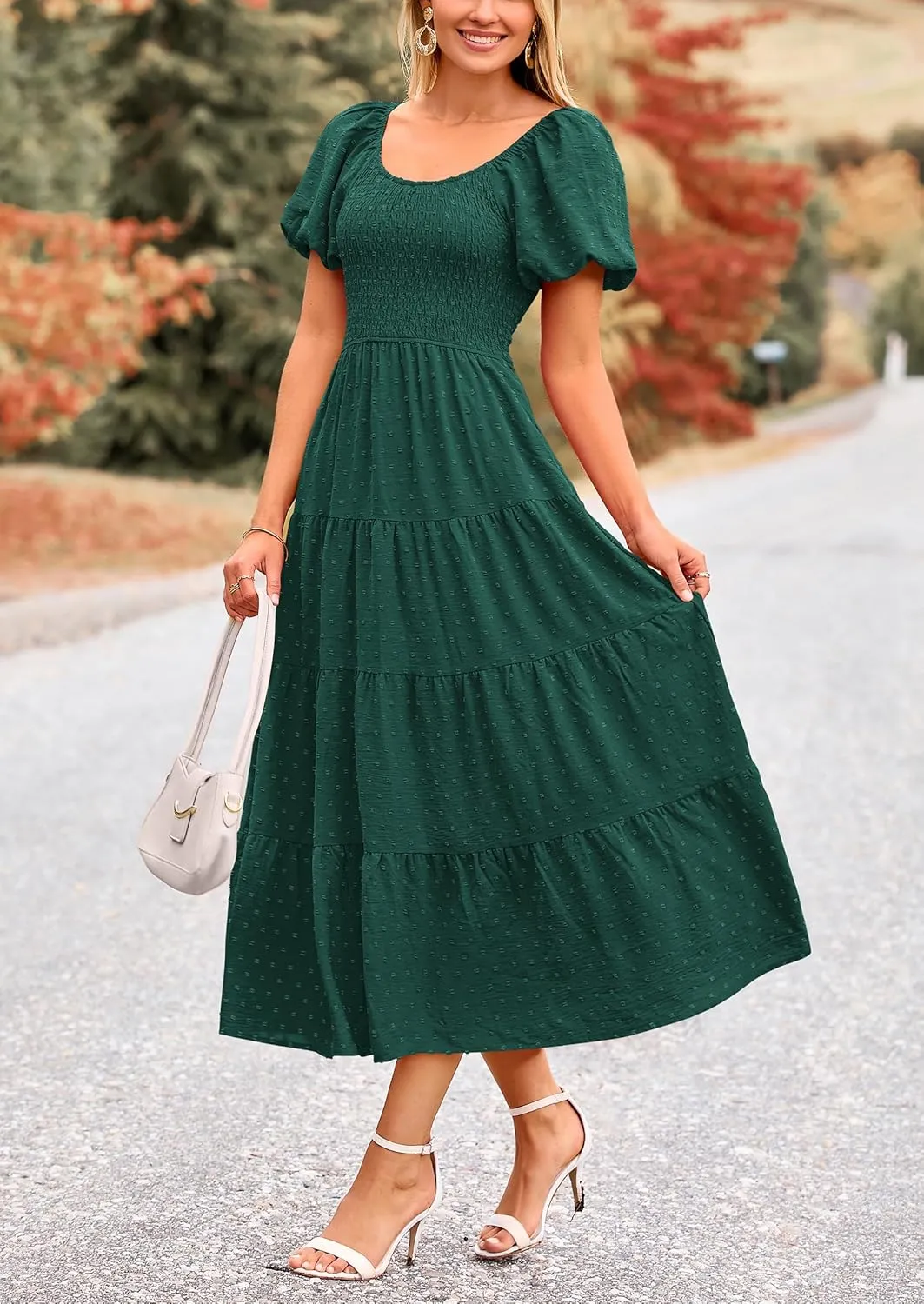 PRETTYGARDEN Women's Summer Casual Midi Dress Puff Sleeve Swiss Dot Long Flowy A Line Dresses