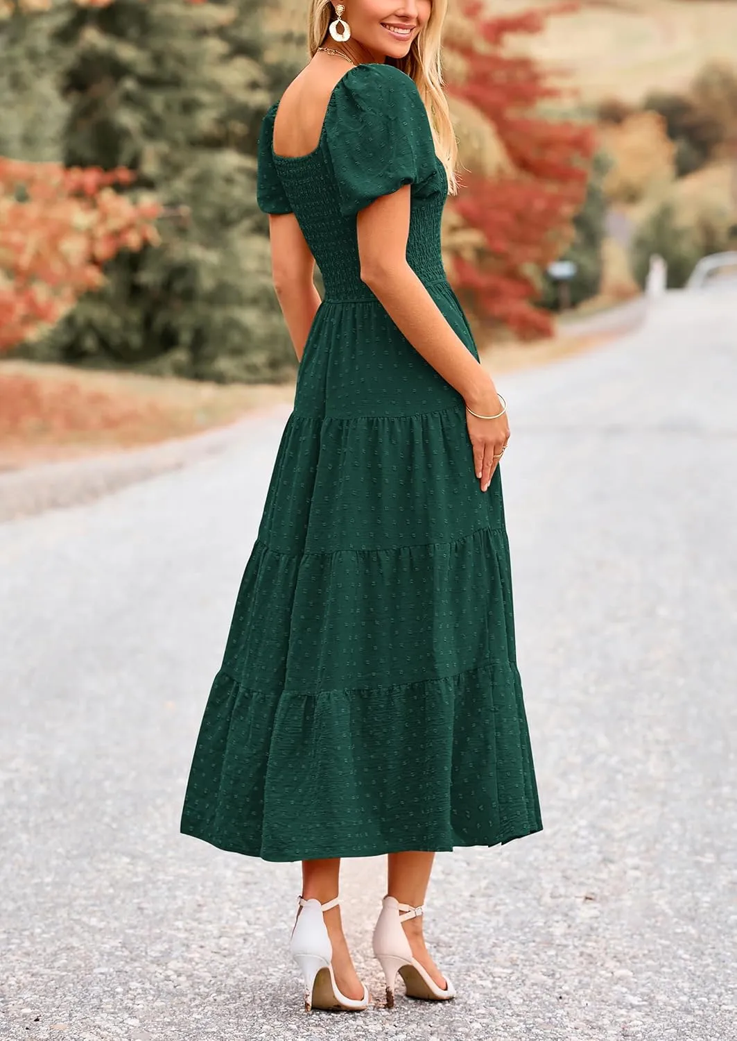 PRETTYGARDEN Women's Summer Casual Midi Dress Puff Sleeve Swiss Dot Long Flowy A Line Dresses
