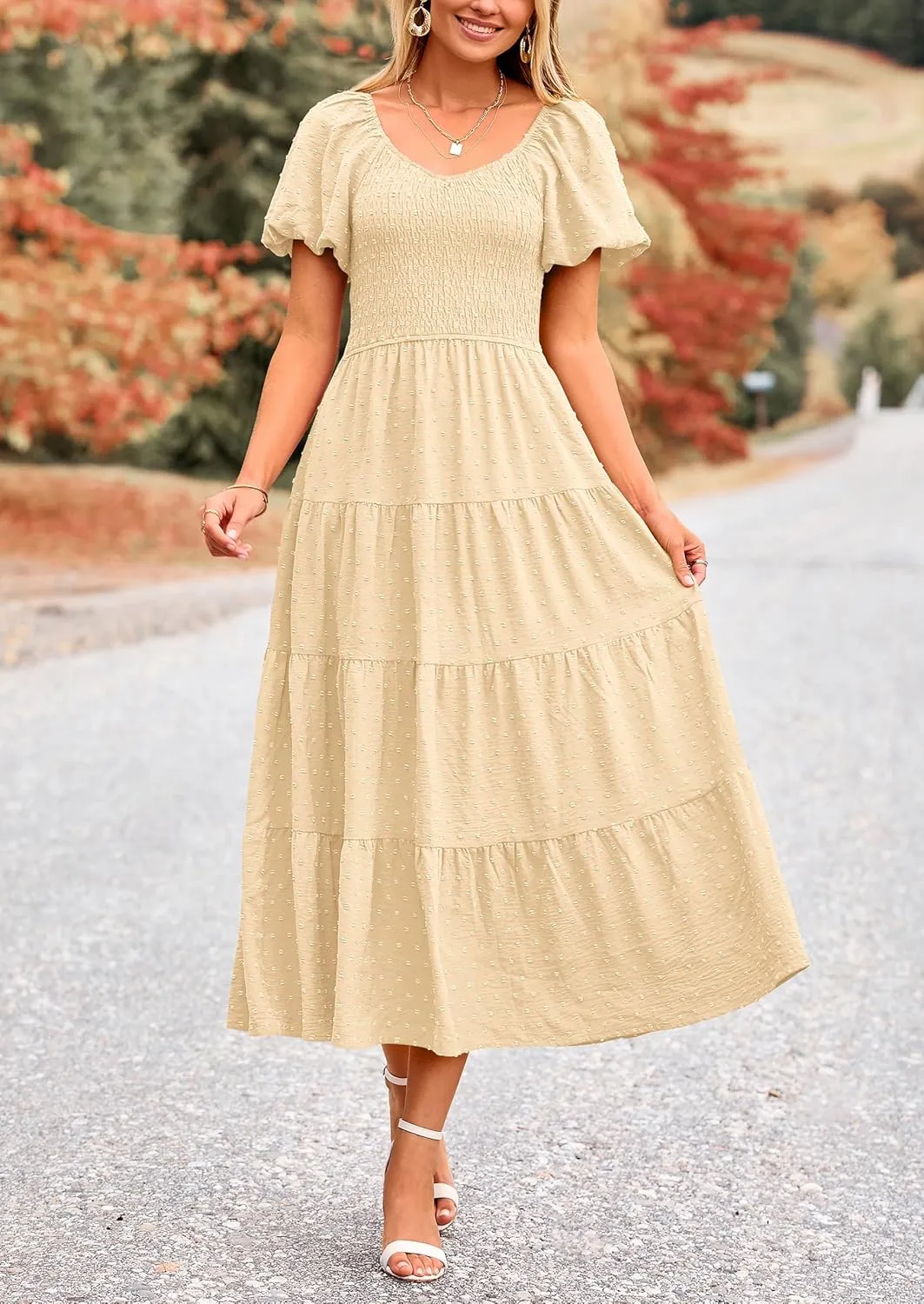 PRETTYGARDEN Women's Summer Casual Midi Dress Puff Sleeve Swiss Dot Long Flowy A Line Dresses