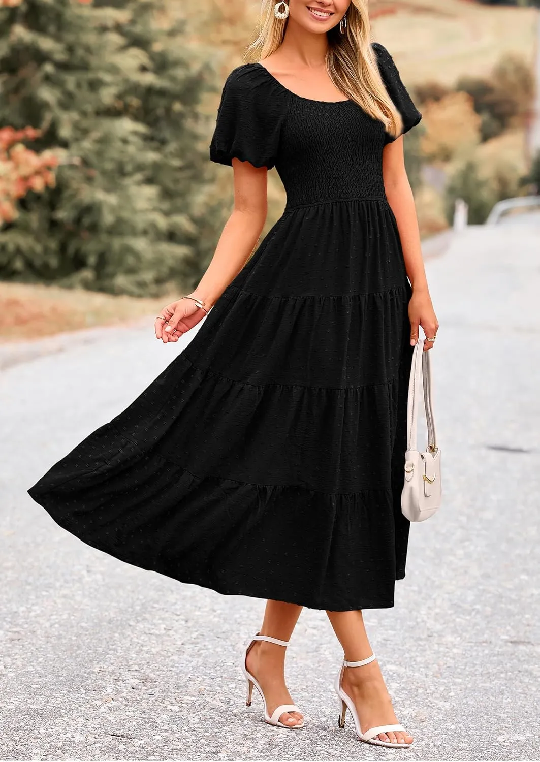 PRETTYGARDEN Women's Summer Casual Midi Dress Puff Sleeve Swiss Dot Long Flowy A Line Dresses