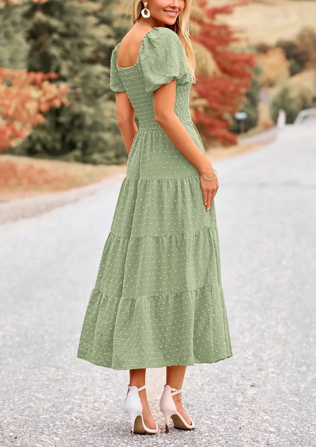 PRETTYGARDEN Women's Summer Casual Midi Dress Puff Sleeve Swiss Dot Long Flowy A Line Dresses