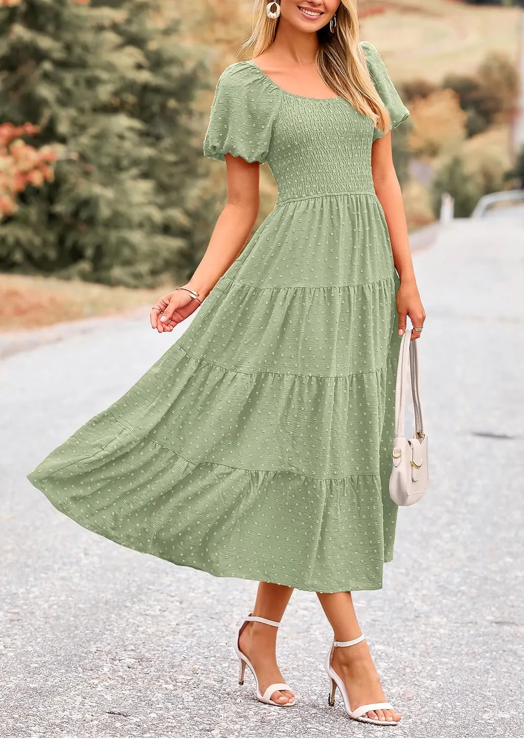 PRETTYGARDEN Women's Summer Casual Midi Dress Puff Sleeve Swiss Dot Long Flowy A Line Dresses