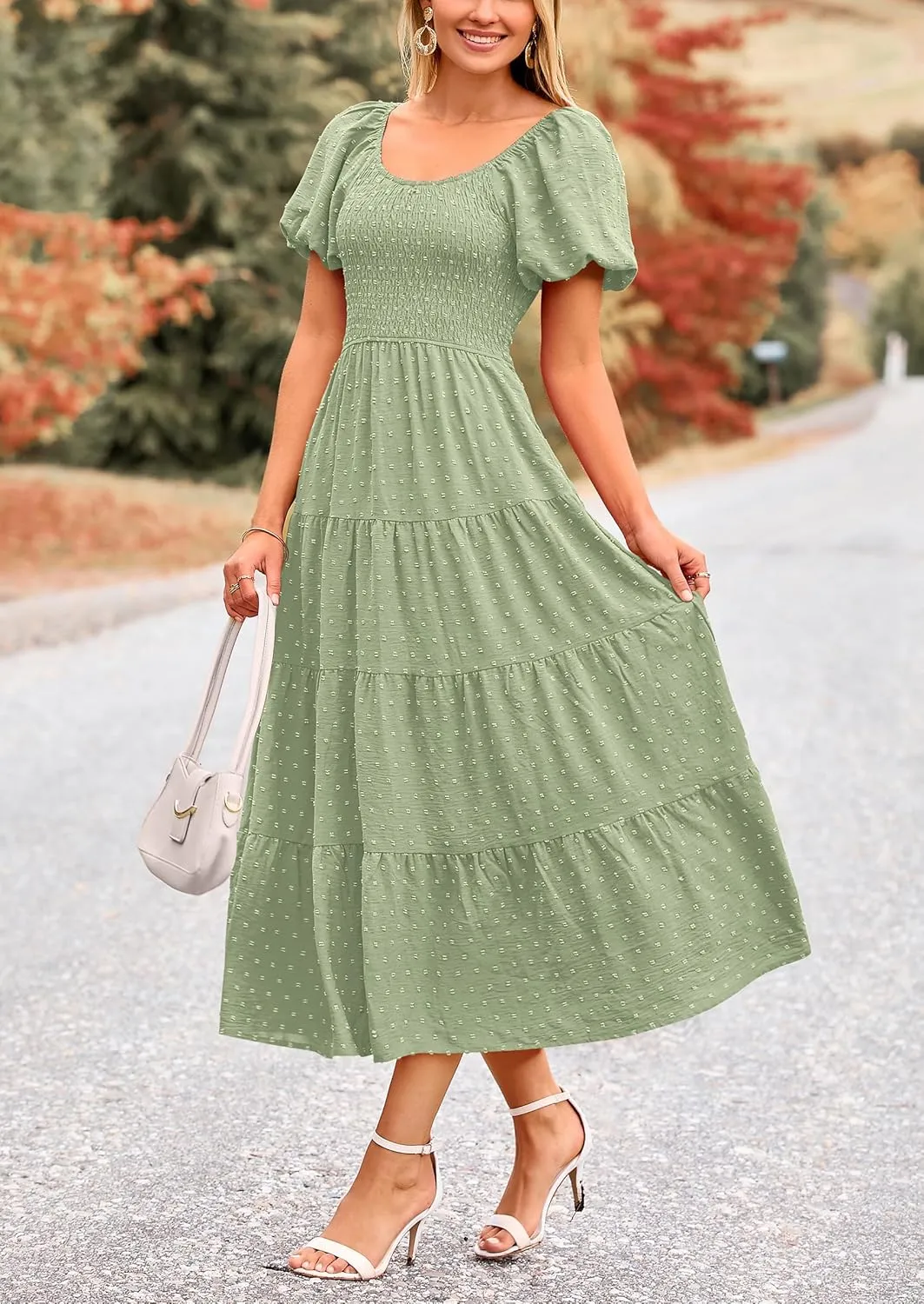 PRETTYGARDEN Women's Summer Casual Midi Dress Puff Sleeve Swiss Dot Long Flowy A Line Dresses