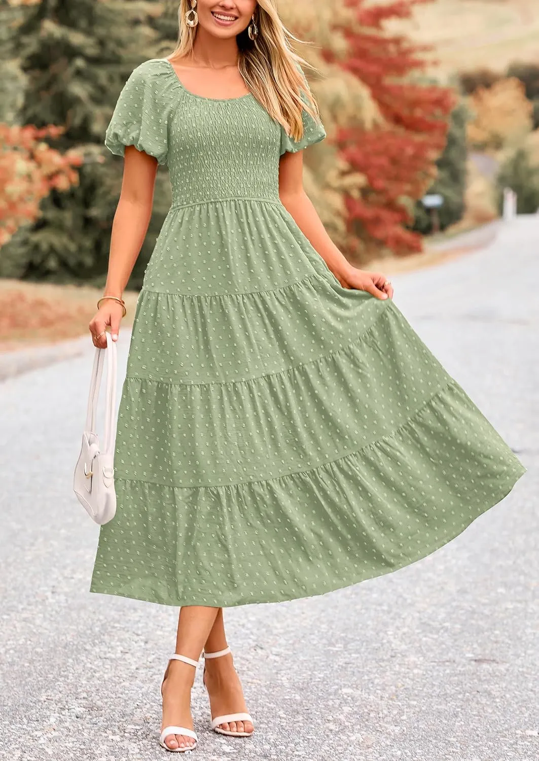 PRETTYGARDEN Women's Summer Casual Midi Dress Puff Sleeve Swiss Dot Long Flowy A Line Dresses