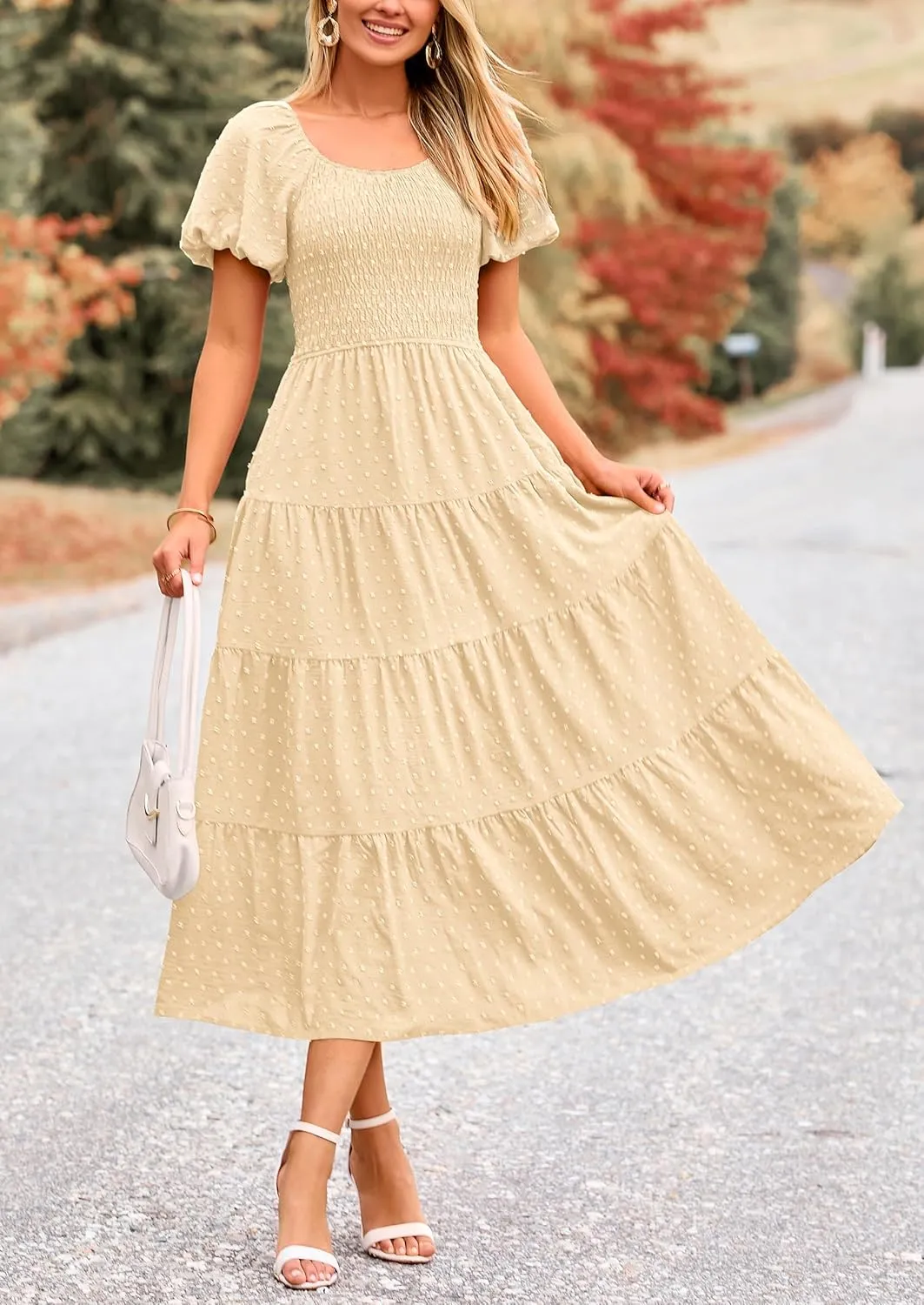 PRETTYGARDEN Women's Summer Casual Midi Dress Puff Sleeve Swiss Dot Long Flowy A Line Dresses