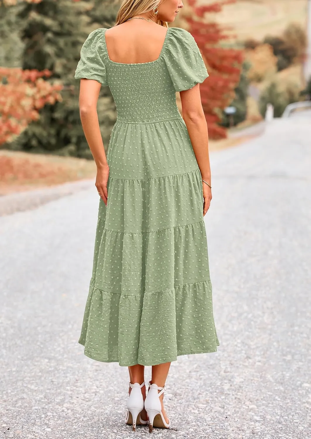 PRETTYGARDEN Women's Summer Casual Midi Dress Puff Sleeve Swiss Dot Long Flowy A Line Dresses