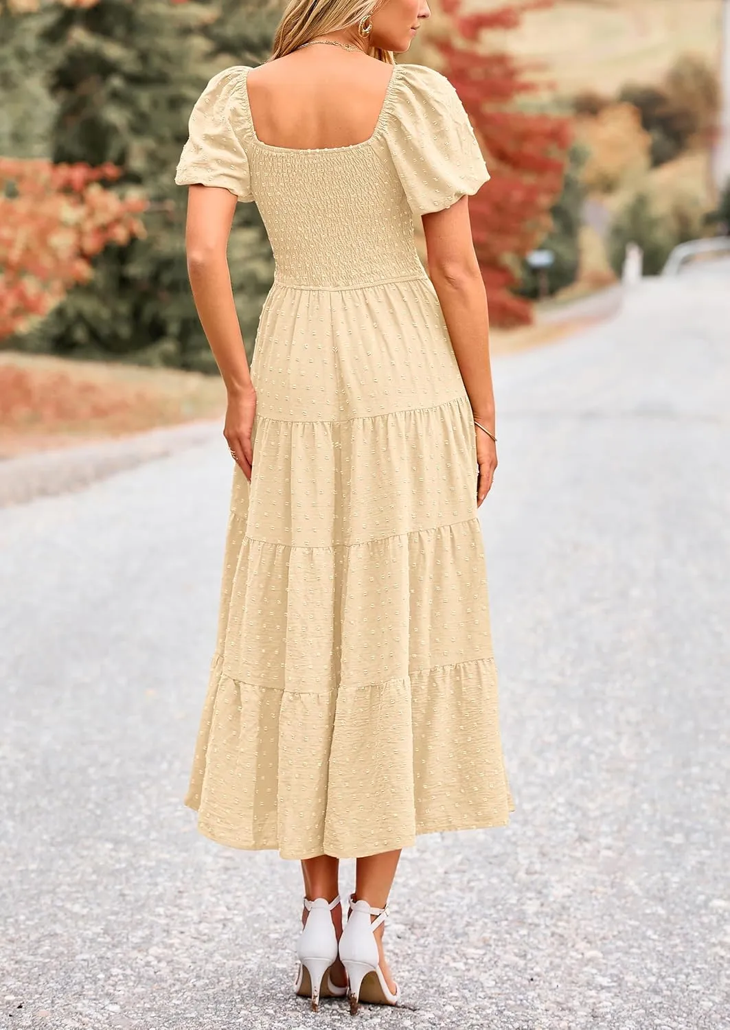 PRETTYGARDEN Women's Summer Casual Midi Dress Puff Sleeve Swiss Dot Long Flowy A Line Dresses