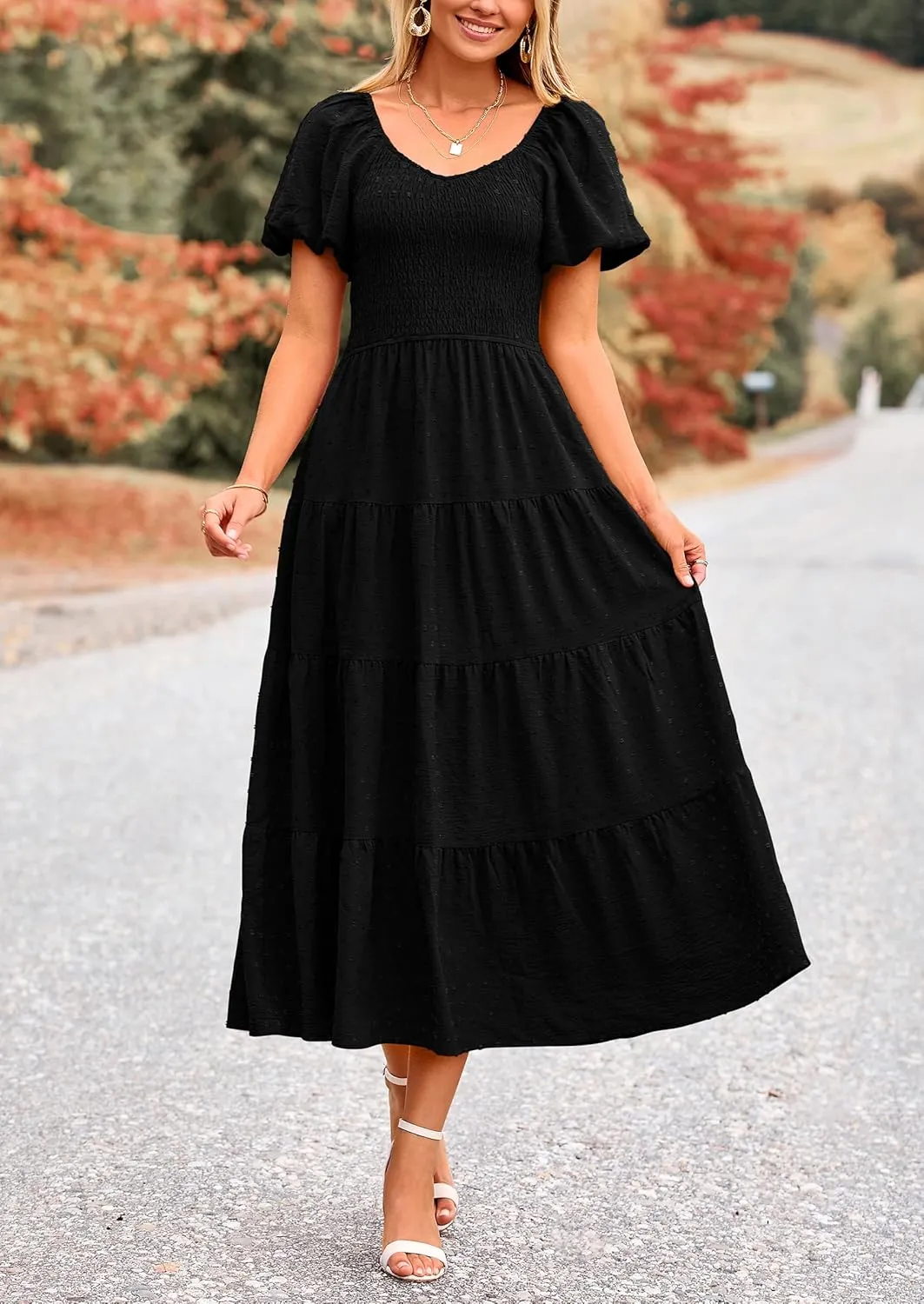 PRETTYGARDEN Women's Summer Casual Midi Dress Puff Sleeve Swiss Dot Long Flowy A Line Dresses