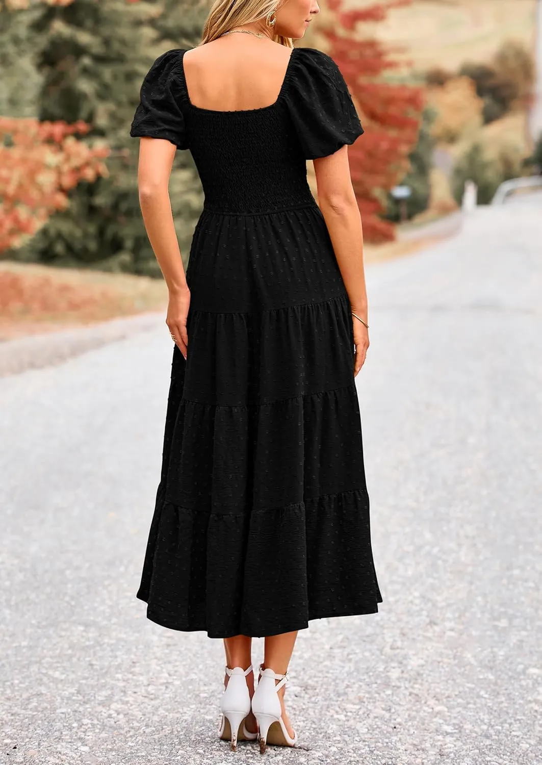 PRETTYGARDEN Women's Summer Casual Midi Dress Puff Sleeve Swiss Dot Long Flowy A Line Dresses
