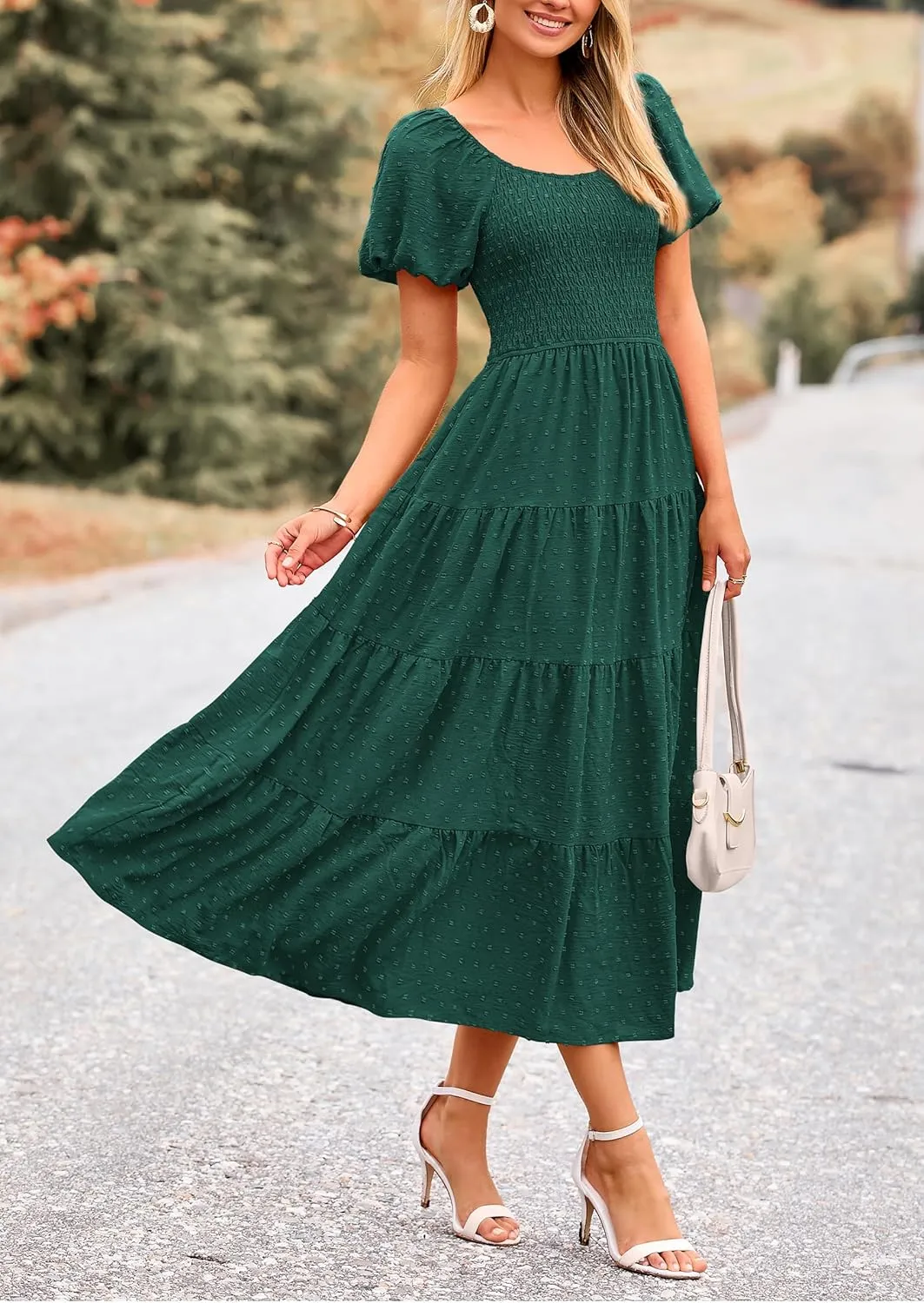 PRETTYGARDEN Women's Summer Casual Midi Dress Puff Sleeve Swiss Dot Long Flowy A Line Dresses
