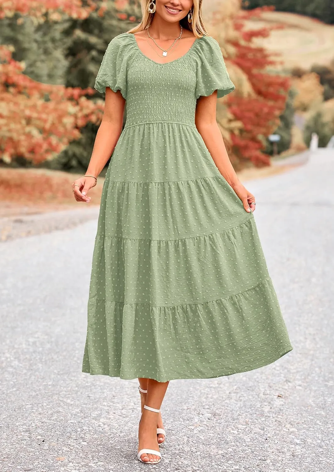 PRETTYGARDEN Women's Summer Casual Midi Dress Puff Sleeve Swiss Dot Long Flowy A Line Dresses