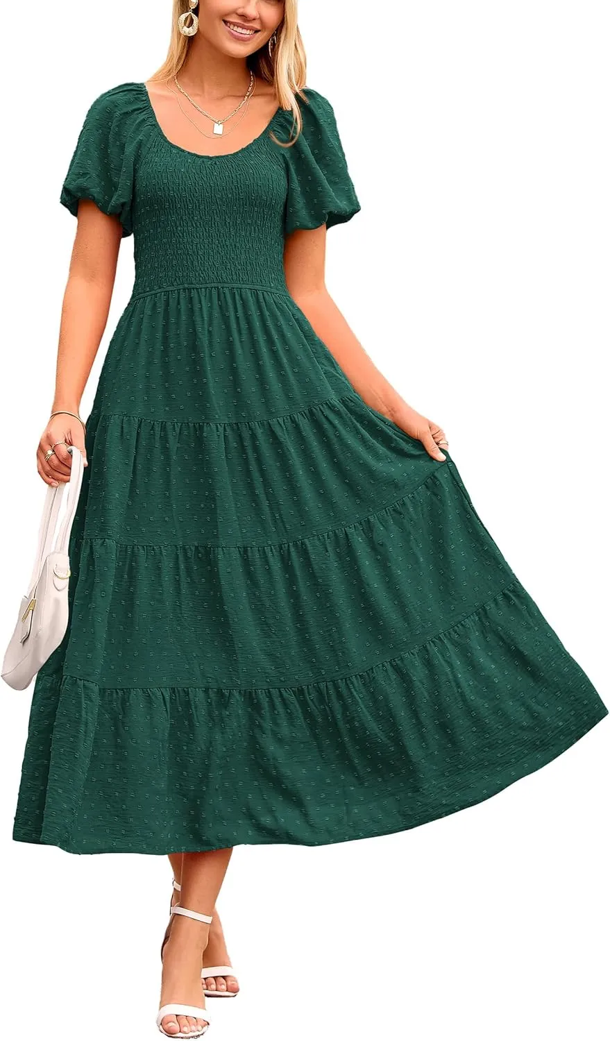 PRETTYGARDEN Women's Summer Casual Midi Dress Puff Sleeve Swiss Dot Long Flowy A Line Dresses